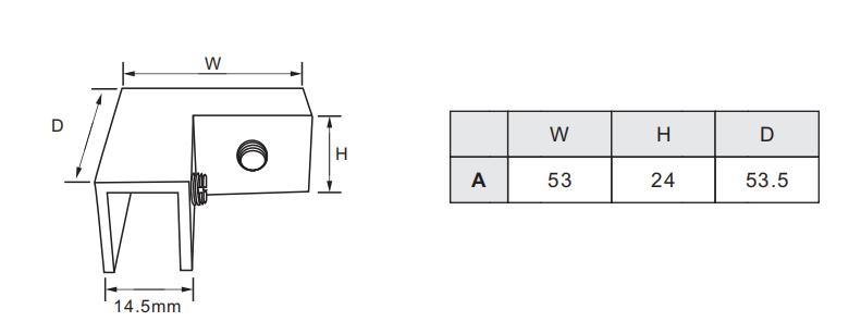 Abrazadera de lat&oacute;n/acero inoxidable de 90&deg; para vidrio superior
